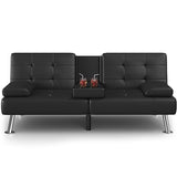 Shahoo Convertible Folding Futon Sofa Bed Sleeper Couch for Living Room Faux Leather Upholstered Loveseat w/Removable Armrests, Metal Legs, 2 Cup Holders, Black Shahoo