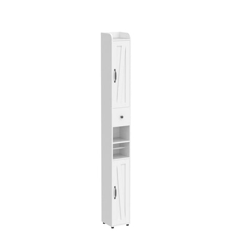 Bathroom Cabinet with Adjustable Shelf, Storage Cabinet for Small Space, Tall Cabinet with Retractable Toilet Paper Rod, Narrow Cabinet with 2 Doors, 8 Compartments (White) Maupvit