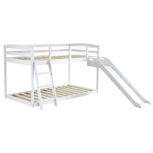 JOYMOR Bunk Bed with Curved Slide, Low Bunk Bed Twin Over Twin, Bunk Bed with Slide and Angled Ladder, Solid Pine Wood Slide Bed,14" Safety Guardrail, Anti-Slip Steps JOYMOR