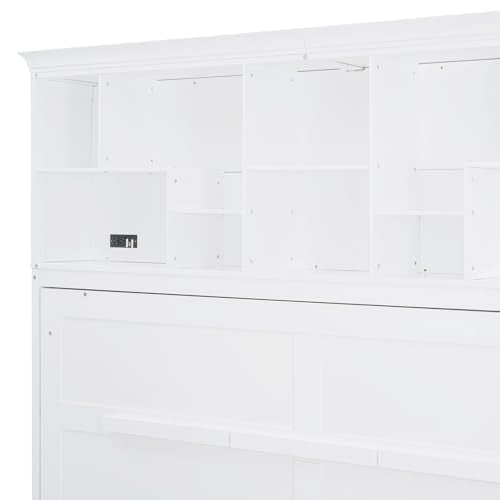 Merax Modern Farmhouse Solid Wood Murphy Cabinet Bed with Top Shelves & USB Charging, Tall Wall Platform Bed No Box Spring Needed/Easy Assemble Queen,White Merax