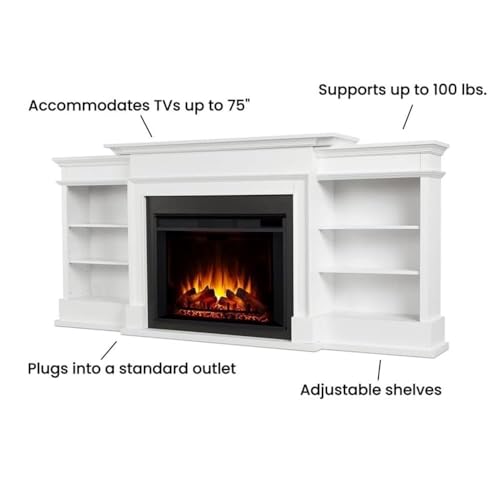 BOWERY HILL 92" W Modern Wood Electric Fireplace TV Stand with Mantel & Remote Control, 6-Feet Power Cord and Hardware, 5 Flame Brightness Levels, for TVs up to 85", in White & Black Finish