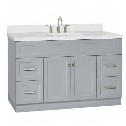 ARIEL 55" Grey Bathroom Vanity 1.5" Edge Pure White Quartz Countertop & Splash, Rectangular Sink, 2 Soft Closing Doors, 4 Full Extension Dovetail Drawers, Built in Toe Kick ARIEL