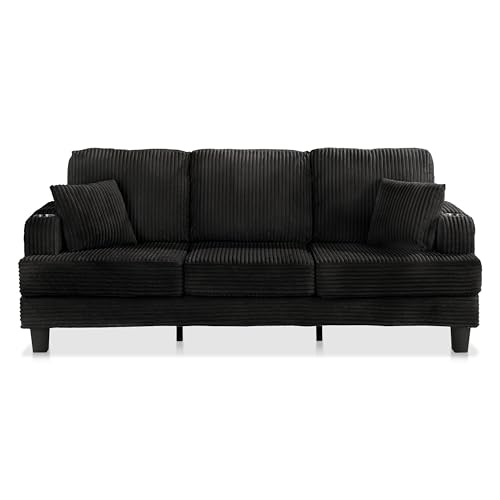 HOMES: Inside + Out Reese Modern Plush Chenille Couch with Side Pockets, Cup Holders and USB Ports, Wooden Comfortable Sofa for Living Room, Bedroom and Office, Black HOMES: INSIDE + OUT