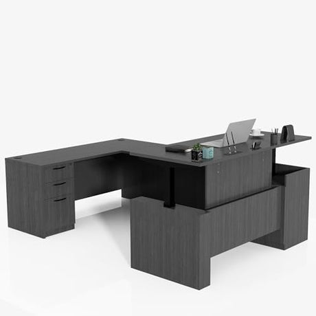 ALFA BUSINESS 100.4'' U Shaped Executive Standing Desk with Pre-Assembled Frame & Lockable Cabinets, Height Adjustable Desk Dual-Motor Sit-Stand Workstation for Corporate & Home Office (Grey-U) ALFA BUSINESS
