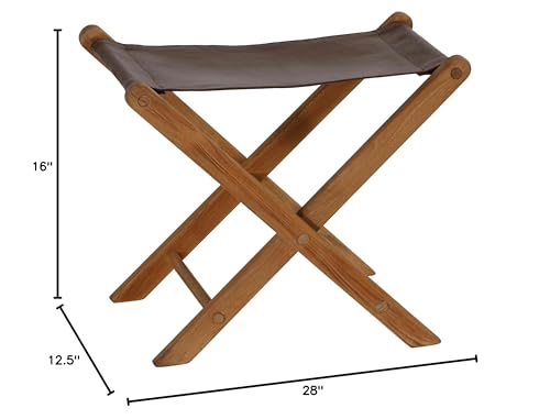 Bare Decor Davie Teak and Leather Folding Accent Stool, 18", Saddle Brown Bare Decor