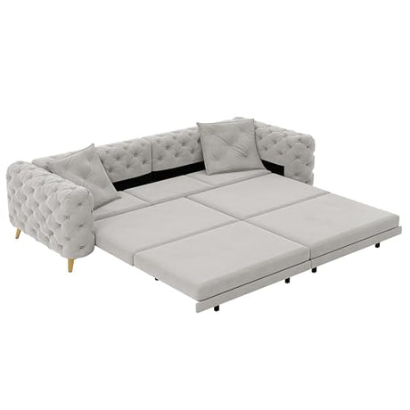 Tabaray 97.7'' Pull Out Sofa Bed King, Chesterfield Velvet Sleeper Sofa, Convertible L-Shaped Futon Couch, Tufted Back, Ottoman, Deep Seat Loveseat Couches for Living Room, Apartment, Light Gray Tabaray