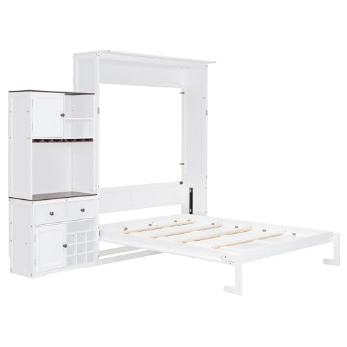 Merax Queen Size Murphy Bed, Wood Murphy Bed with Storage Cabinet, Wine Rack, Glass Holder, Drawers and Multi-Color LED Strip, White Merax