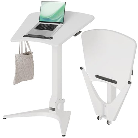 Claiks Mobile Standing Desk, Portable Rolling Workstation With Wheels, Pneumatic Height Adjustable Sit-Stand With 90 Tiltable, Foldable Non-Slip Computer Stand, White Claiks