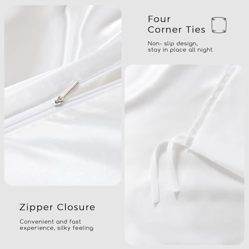 HOdo Home Satin Duvet Cover Queen Size, 3PCS Silk Like Comforter Cover, Ultra Soft and Breathable Bedding Set with Zipper Closure & Corner Ties（White） HOdo Home