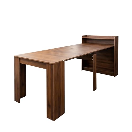 kevinplus 98.4'' Extendable Wood Dining Table with Storage for 6-10, Modern Rectangle Multifunctional Dining Kitchen Table Console Table for Living Room Home Office, Easy Assembly, Walnut kevinplus