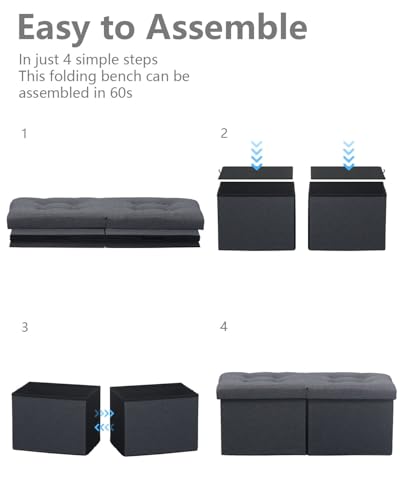 AmasSmile Storage Bench Folding Storage Ottoman Foot Rest Stool, 34 inch Grey Linen Footstool Bench, Short Ottoman Bench, Storage Foot Rest Store as Books, and Blanket Storage or Others AmasSmile