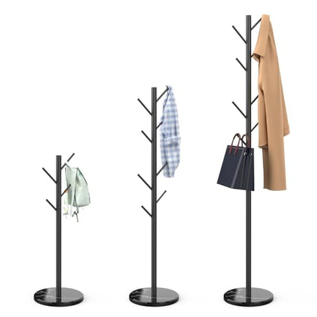 Durmmur Heavy Duty Coat Rack with Natural Marble Base, Freestanding Metal Coat Stand with 8 Hooks, Modern Stable Coat Hanger Tree for Bags, Jacket, Clothes, and Hats, Black Metal Durmmur