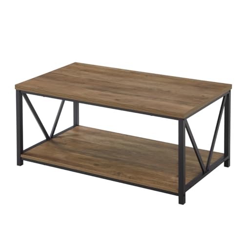 FOLUBAN Rustic Coffee Table with Storage Shelf, Vintage Wood and Metal Cocktail Table for Living Room, Oak FOLUBAN