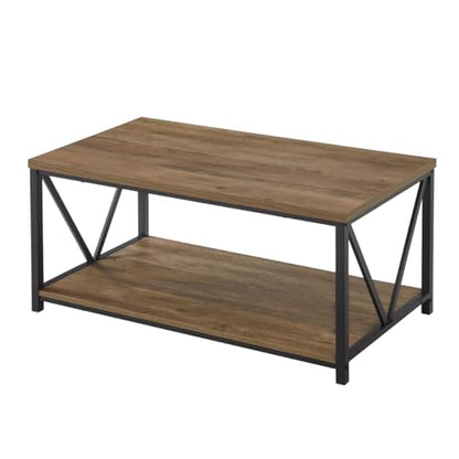 FOLUBAN Rustic Coffee Table with Storage Shelf, Vintage Wood and Metal Cocktail Table for Living Room, Oak - WoodArtSupply