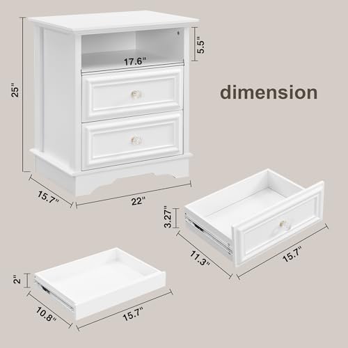 XIAO WEI White Nightstand with Hidden Drawer Set of 2, 2-Drawer Nightstand with Open Shelf – Sturdy Wood Bedroom End Table with Storage, Modern Furniture for Bedroom Organization XIAO WEI