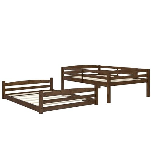 DHP Phoenix Convertible Low Wood Floor Bunk Bed, Stackable and Detachable Bed Frames for Kids, Solid Wood, with Ladder, High Guardrail, Wood Slats, No Boxspring Required, Full-Over-Full, Mocha DHP