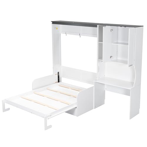 Merax Farmhouse Multi-Functional Murphy Bed with Sofa, Desk & Storage Cabinet,Solid Wood Foldable Wall Bed/Space Saving/No Box Spring Needed/Full,White + Gray Merax