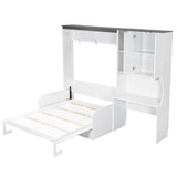 Merax Farmhouse Multi-Functional Murphy Bed with Sofa, Desk & Storage Cabinet,Solid Wood Foldable Wall Bed/Space Saving/No Box Spring Needed/Full,White + Gray Merax