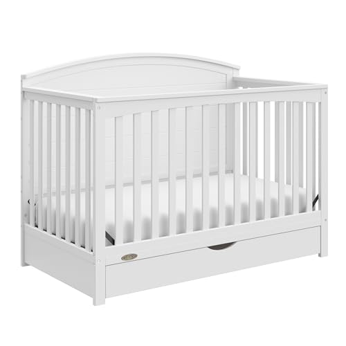 Graco Bellwood 5-in-1 Convertible Crib with Drawer (White) - GREENGUARD Gold Certified, Full-Size Storage Drawer, Converts to Toddler Bed and Full-Size Bed - WoodArtSupply