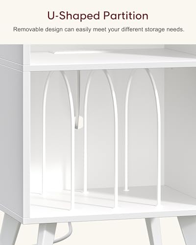 Yzosvki Record Player Stand, 3-Tier Side End Table with Charging Station, Turntable Stand Up to 160 Albums, Vinyl Storage Cabinet Dispaly Shelf for Living Room, Classic White Yzosvki