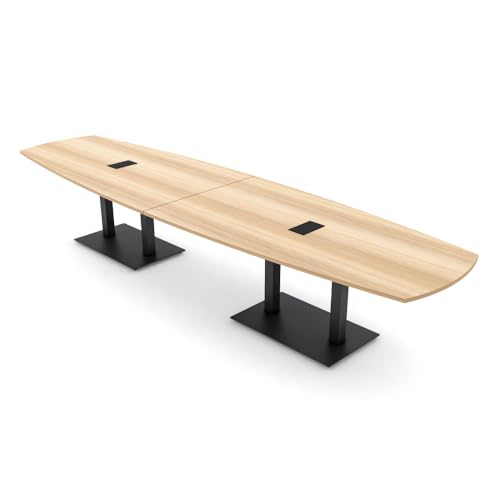14 Person Arc Boat Shaped Modular Conference Table with Power and Data Module | Harmony Series | Matte Black Square Metal Bases & White Cypress Finish | Scratch-Resistant Laminate | Blonde Surfside SKUTCHI DESIGNS INC.