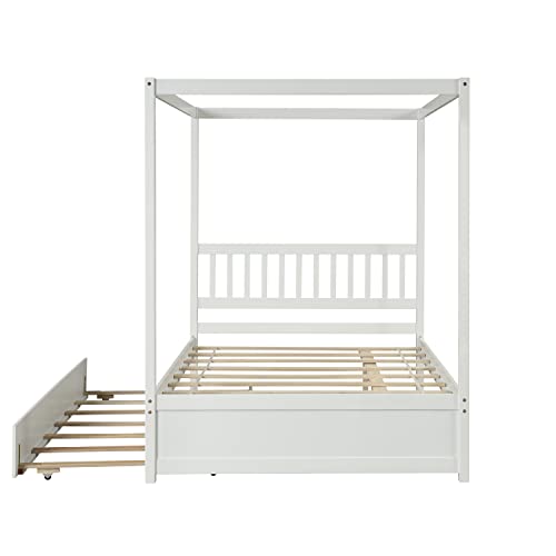 Bellemave Full Size Canopy Bed with Twin Size Trundle, Wood Full Platform Bed with Headboard, Modern 4 Poster Panel Bed for Kids, Teens, Adults. No Box Spring Needed (White)