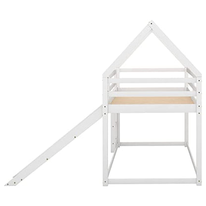 DreamBuck Twin Over Twin House Bunk Bed with Convertible Slide and Safety Guardrail in White - WoodArtSupply