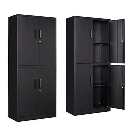 Yizosh Metal Storage Locking Cabinet with 4 Doors and 2 Adjustable Shelves,71" Lockable Garage Tall Steel Cabinet,for Home Office,Living Room,Pantry,Gym,Commercial Storage (Black) Yizosh