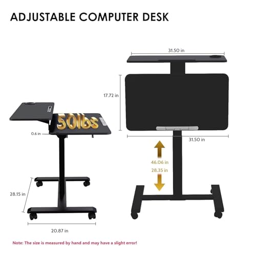 TecbL Pneumatic Standing Desk with Wheels - Adjustable Height 28" - 46" & 0-90° Tilt, 31.5" x 17.7" Skin-Feel Desktop, Rolling Computer Desk for Home Office, Hospital, School (Black) TecbL
