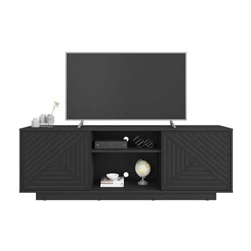 Techni Mobili Modern TV Stand for Screen TVs Up to 70” When Measured Diagonally – Black TV Stand with 2 Storage Cabinets with Patterned Doors and Open Shelves – Black