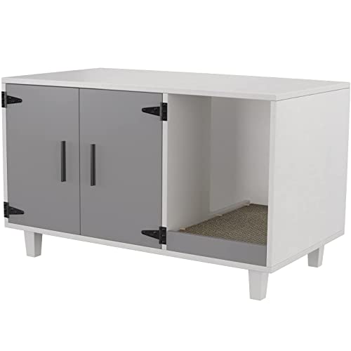 GDLF Modern Wood Pet Crate Cat Washroom Hidden Litter Box Enclosure Furniture House as Table Nightstand with Scratch Pad,Stackable (Gray & White) - WoodArtSupply