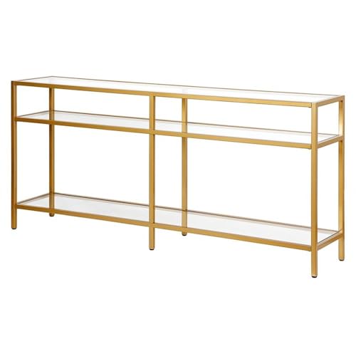 Pemberly Row Modern 64" Metal Console Table, Golden Brass Finish, Tempered Glass Top, 3-Shelf Design, Steel Frame, Stylish Entryway or Sofa Table for Living Room Decor Pemberly Row