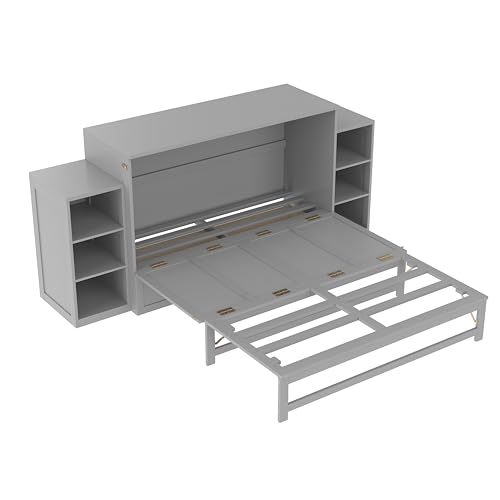 Bellemave Queen Size Murphy Bed, Cabinet Bed with 2 Shelves and Storage Drawers, Farmhouse Murphy Cabinet, Noisy Free, for Guest Bedroom, Living Room, Office, Light Gray Bellemave