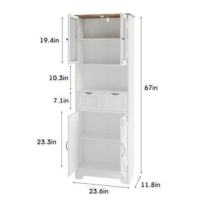 Maupvit 67" Tall Bathroom Storage Cabinet with 4 Doors & 2 Drawer, Freestanding Pantry Cabinet, Linen Storage Cabinet with Adjustable Shelves for Living Room, Kitchen, White