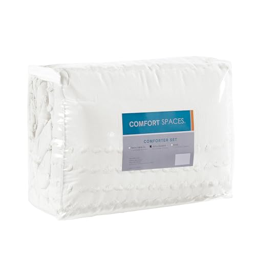 Comfort Spaces Cotton Comforter Set Jacquard Pom-Pom Tufts Design, Down Alternative, All Season Modern Bedding, Matching Shams, Twin/Twin XL, Phillips, Ivory Comfort Spaces