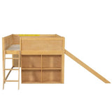 Merax Full Size Loft Bed with Slide & Stairs, Low Loft Bed for Kids, Solid Wood Bed Frame with Storage Shelve, Guard Rails, Slat Support & Under-Bed Play Space, No Box Spring Needed, Natural Merax