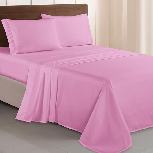 Elegant Comfort Luxurious 1500 Premium Hotel Quality Microfiber Three Line Embroidered Softest 4-Piece Bed Sheet Set, Wrinkle and Fade Resistant, Full, Light Pink Elegant Comfort