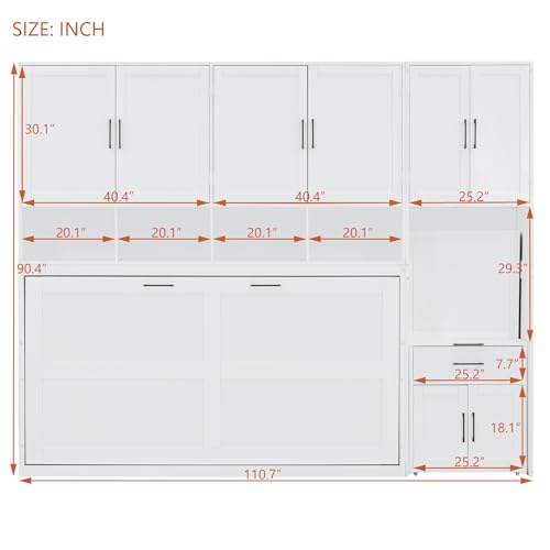 Merax Horizontal Murphy Bed Cabinet Twin Size with Desk & Small Closet & Cabinet with Doors & Open Storage Shelves, Twin Hidden Murphy Wall Bed with Storage for Living Room, White Merax
