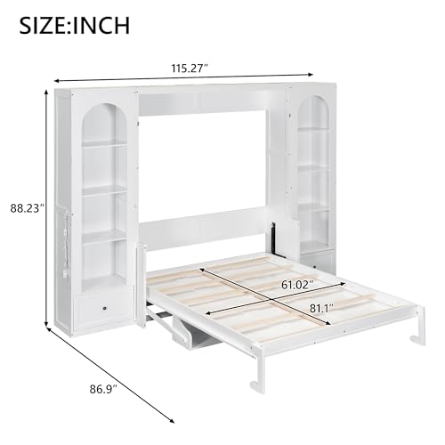 Merax Queen Size Murphy Platform Bed with Shelf, Side Cabinets, Drawers and LED, White Merax