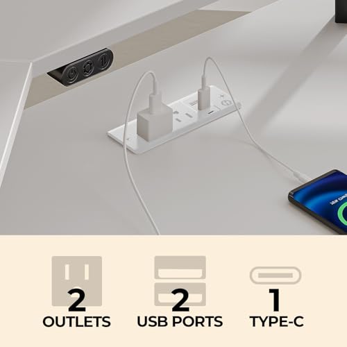 Rolanstar L Shaped Gaming Desk with LED Lights & Power Outlets, 46.2" Computer Desk with Full Monitor Stand & Storage Shelf, Corner Desk with Hooks, White Desk Reversible Rolanstar