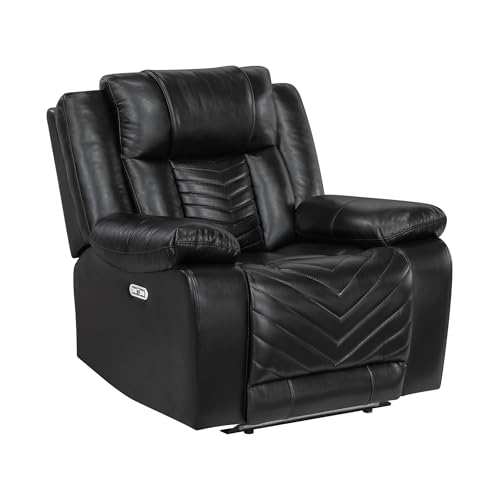 Lexicon Power Recliner Chair, Faux Leather Upholstered Home Theater Seating with LED Lighting, USB Charging Ports, Single Wall Hugger Reclining Chair for Living Room/Bedroom Easy Assembly, Black Lexicon