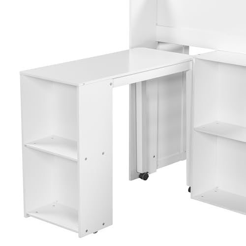 Merax Low Loft Bed with Pull-Out Desk, Full Size Loft Bed with 8 Storage Shelves and Lights, Wooden Kids Loft Bed with Safety Guardrail, Under-Bed Play Space, No Box Spring Needed, Noise-Free, White Merax