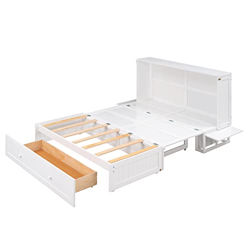 Hlcodca Unique Queen Size Mobile Murphy Bed with Drawer,Wood Storage Bed with Little Shelves on Each Side,for Small Spaces Apartments Studio Guest Room Use Hlcodca