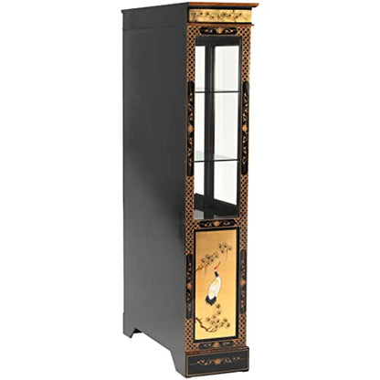 Red Lantern Artisan Crafted Lacquer Curio Cabinet - Gold Leaf with Hand Painted Cranes, Two Door