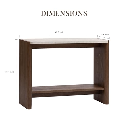 COSIEST 43.3" Farmhouse Console Table for Entryway, 2-Tier Sofa Table with Faux Stone Grain Top, Slim Accent Table for Hallway, Behind Couch, or Living Room, Brown Wood Look COSIEST