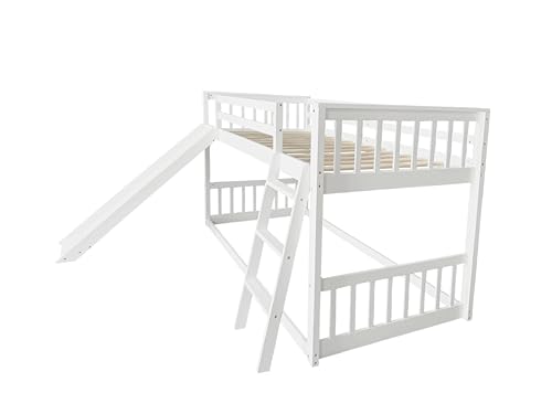DNYN Twin Over Twin Bunk Bed with Slide for Kids Bedroom,Solid Wood Floor Bunkbeds for Boys and Girls,Easy Assembly & No Box Spring Needed & Space Saving Design, White DNYN