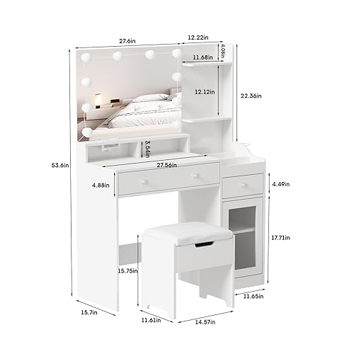 Vabches Vanity with Mirror and Lights, Makeup Vanity Table with Charging Station, Cute Vanity Set with Comfortable Bench, Big Vanity with 3 Storage Compartments, 39.8inch, White - WoodArtSupply