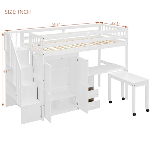 Merax Kids Twin Multifunction Loft Bed with Desk/Wardrobe, Wood Storage Loft Bed with Staircase, Bookshelf & Drawers, No Box Spring Needed, Space Saving, White Merax