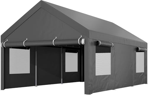 Shintenchi 12x20 FT Heavy-Duty Design Carport,Portable Garage Canopy,Carport Canopy with Side-Opening Removable Door & Roll-Up Window,Portable Car Port for Car, Truck, Boat,Grey Shintenchi