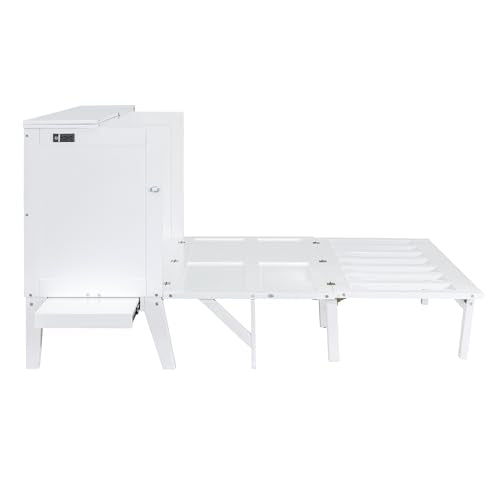 Merax Murphy Bed Queen Size with USB Port and Slide-Out Shelves on Each Side, 2-in-1 Foldable Bed Frame Cabinet Desk for Bedroom Guest Room Living Room (White) Merax